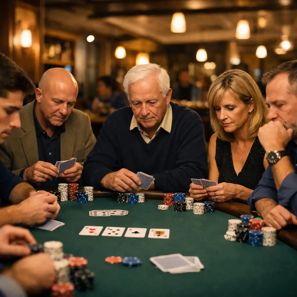 Skupina hráčů sedících u pokerového stolu v restauraci