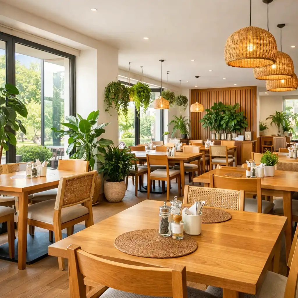 Interiér restaurace během dne zalitý přirozeným světlem z velkých oken