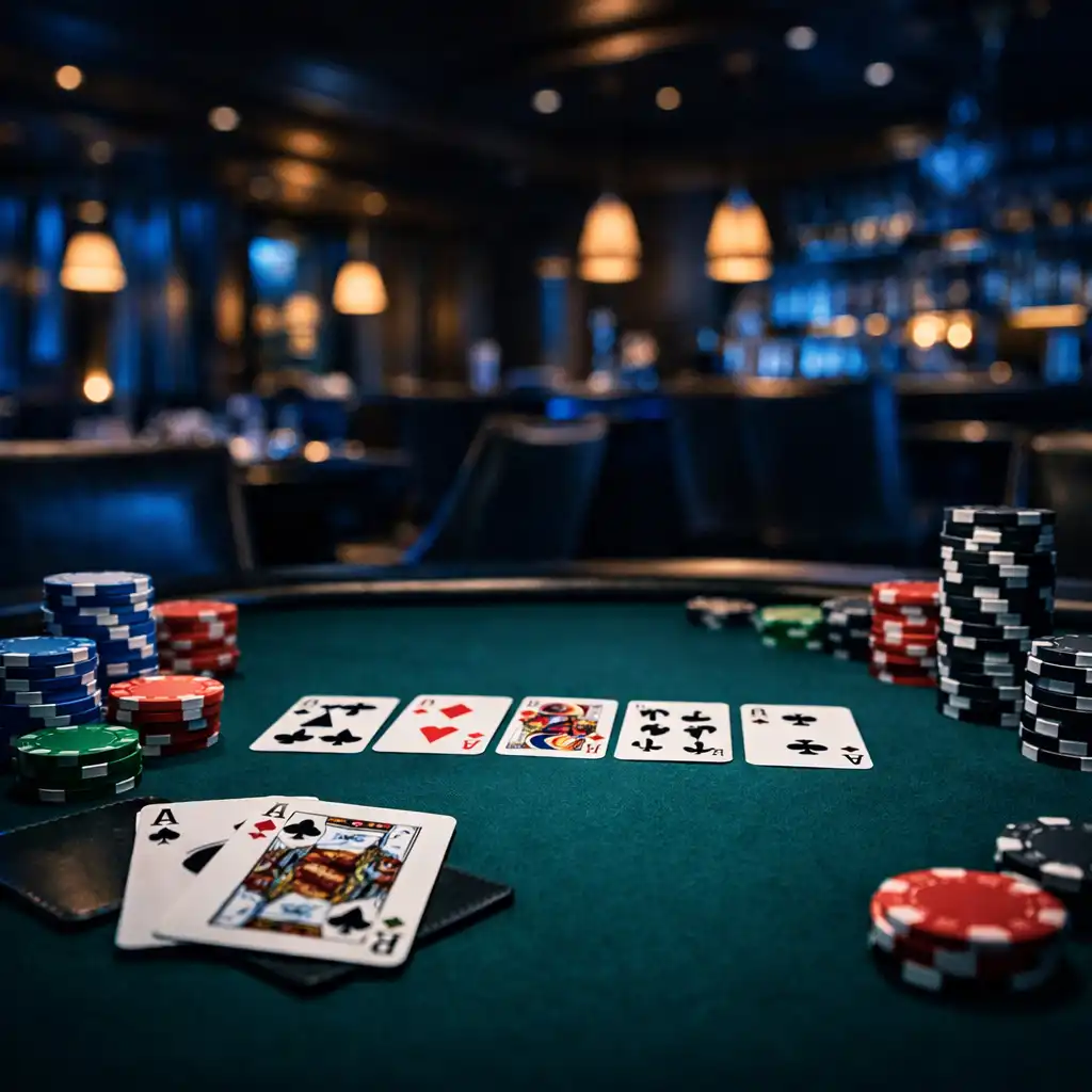 Poker room s profesionálním stolem, žetony a kartami