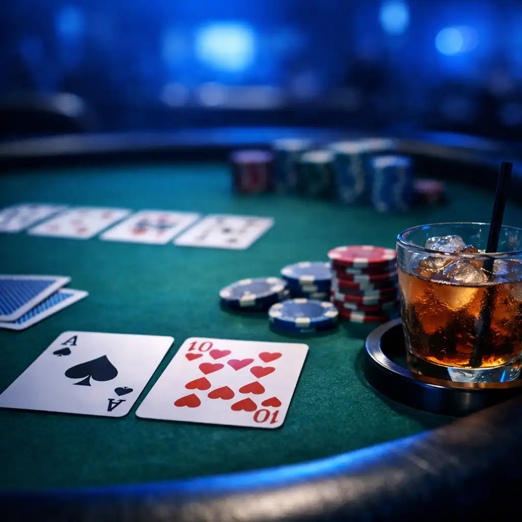 Detail pokerového stolu s kartami, žetony a nápojem v držáku pod modrým osvětlením