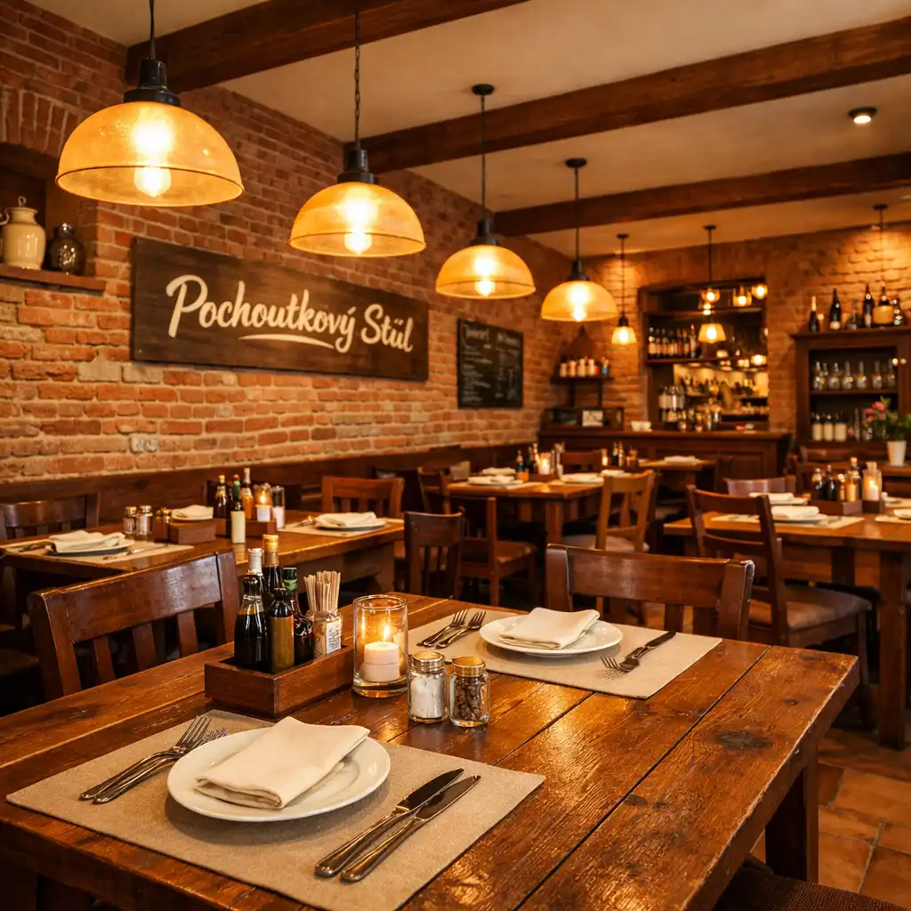 Interiér restaurace s dřevěnými stoly a teplým osvětlením