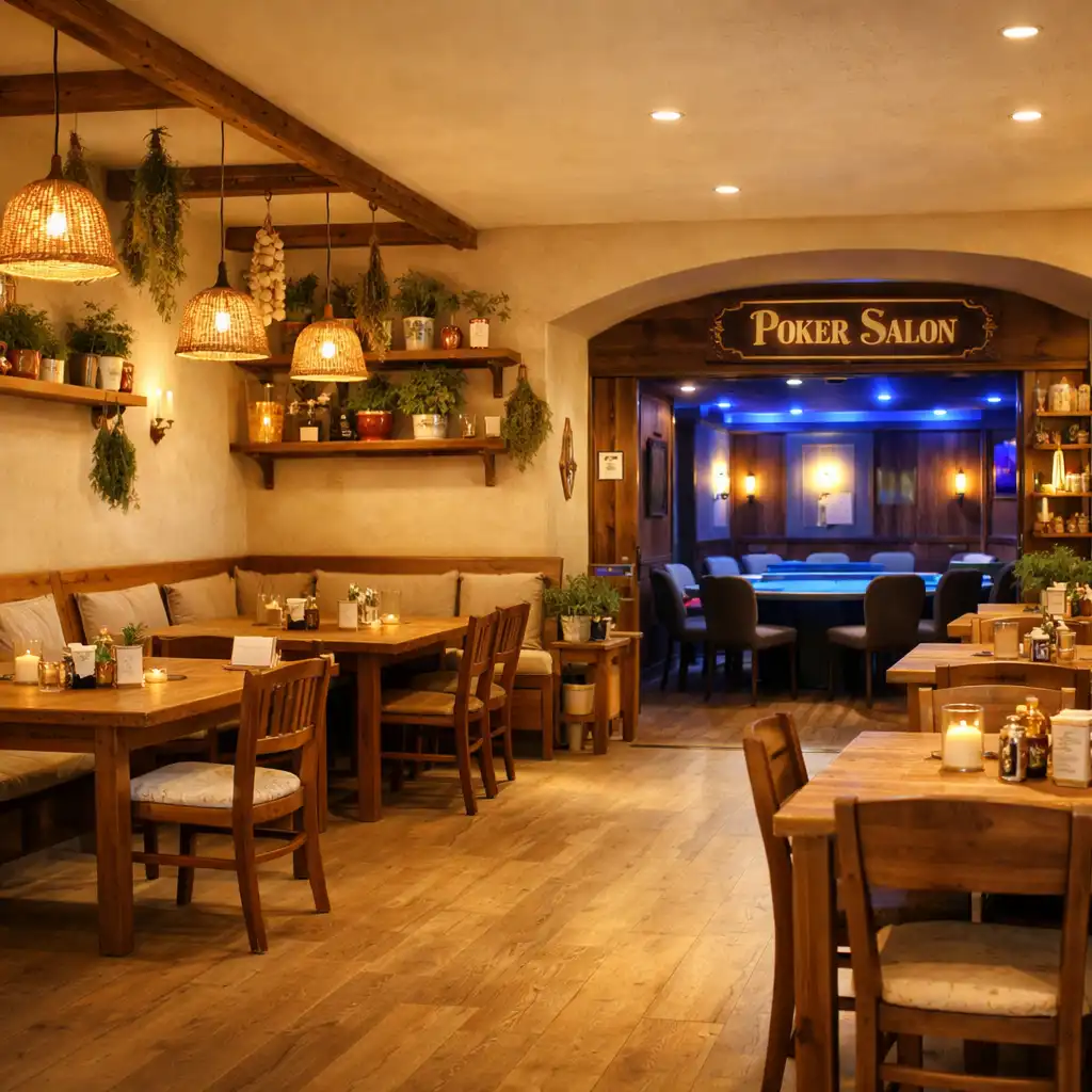 Širokoúhlý pohled na interiér restaurace Pochoutkový Stůl s teplým osvětlením a dřevěnými stoly