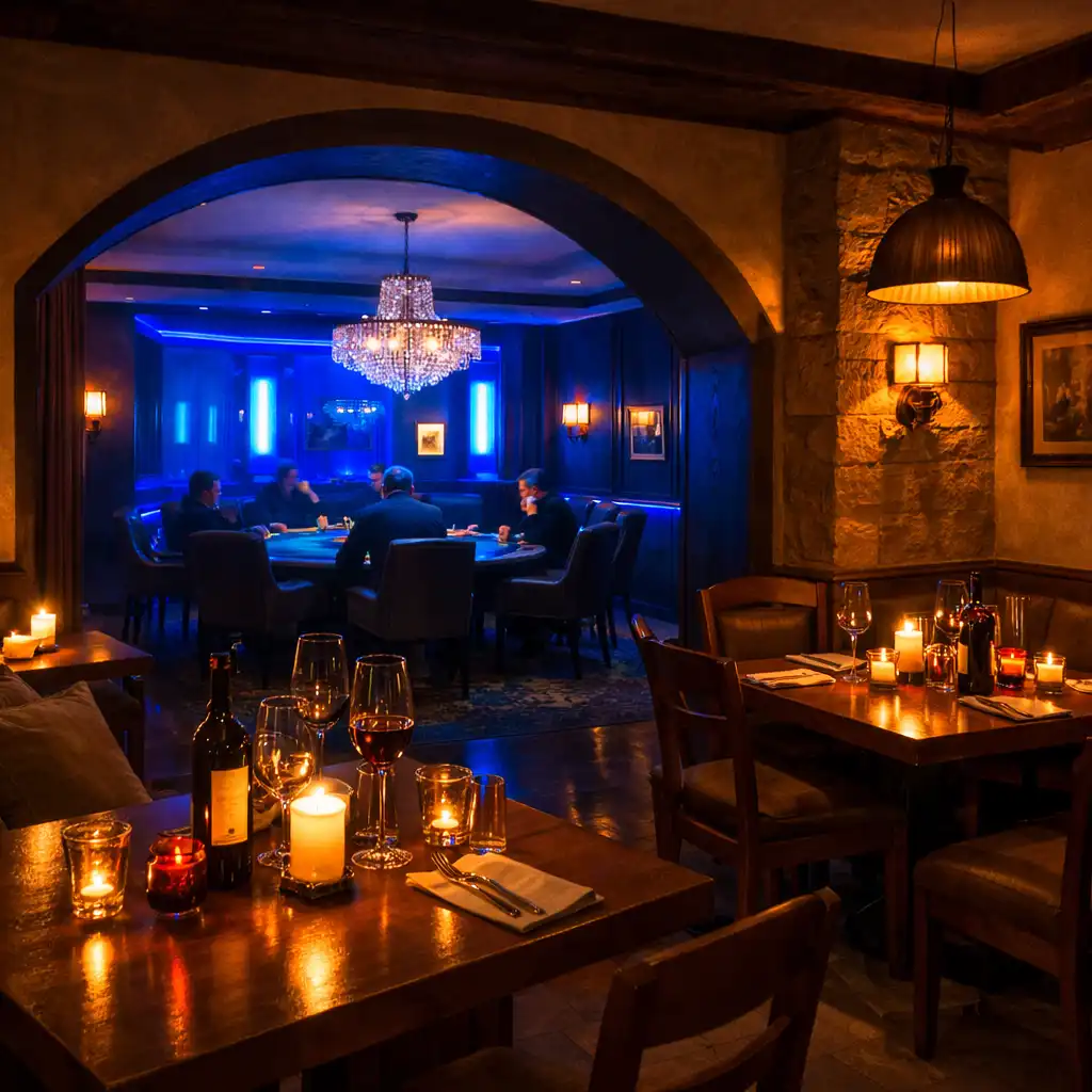 Interiér restaurace večer se svíčkami na stolech a teplým osvětlením
