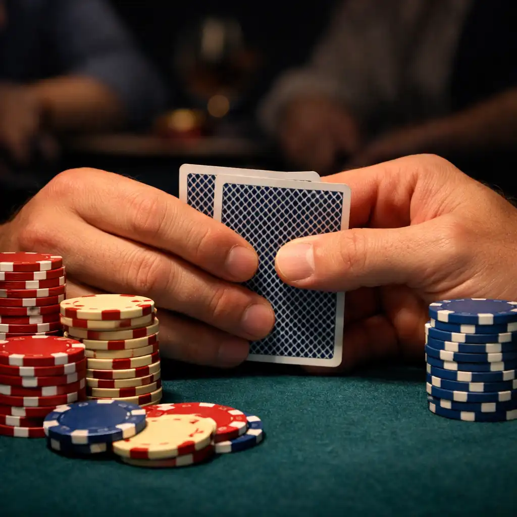 Hráč drží karty a žetony u pokerového stolu