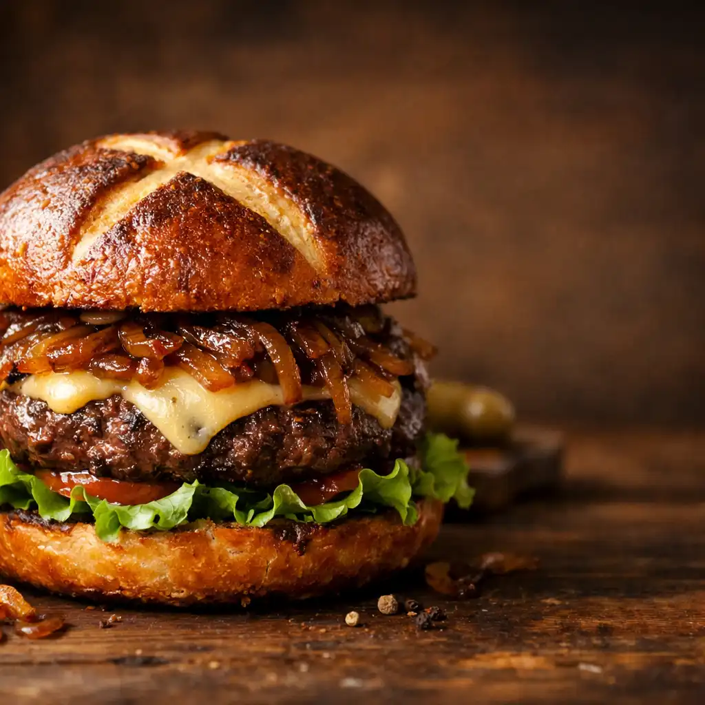 Křížový burger s hovězím masem, karamelizovanou cibulí a sýrem