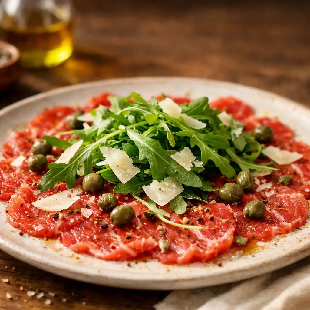 Hovězí carpaccio s rukolou, parmazánem a kapary