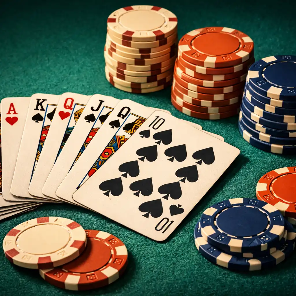 Detailní záběr na pokerové karty a keramické žetony na zeleném plátně stolu