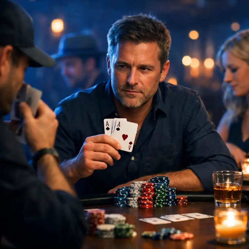 Hráči sedí u pokerového stolu během večera v Pochoutkovém Stůlu, s kartami a žetony v tlumeném osvětlení