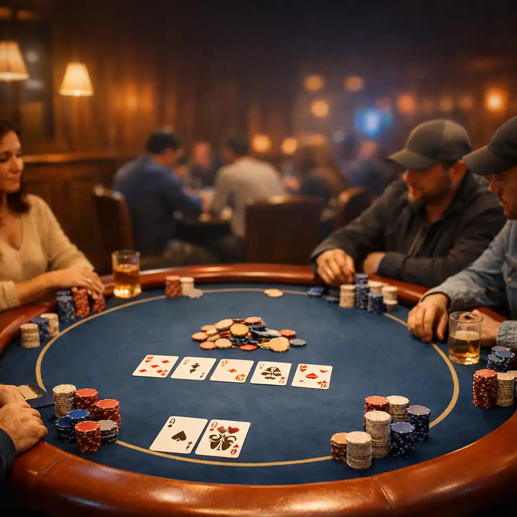 Profesionální pokerový stůl s hráči, kartami a žetony v teplém osvětlení sálu