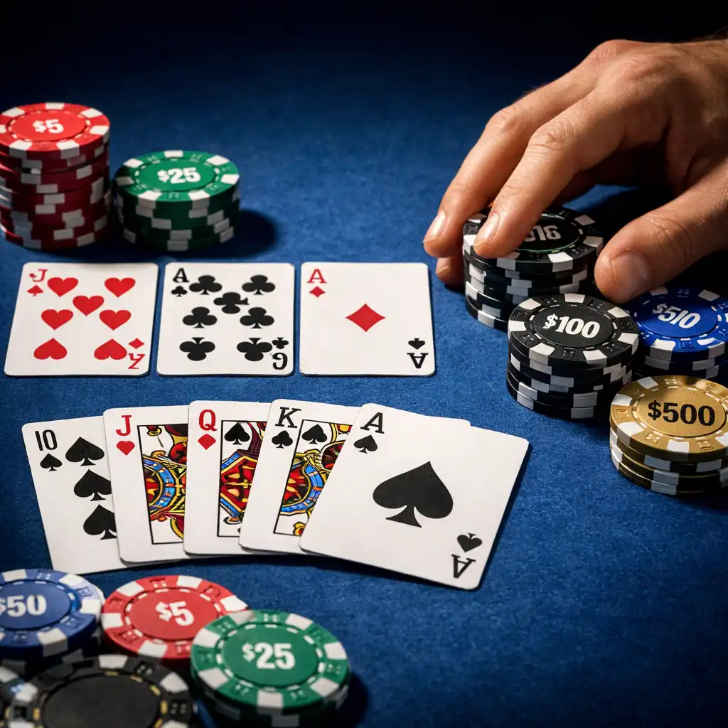 Detail pokerového stolu s kartami, žetony a rukou hráče