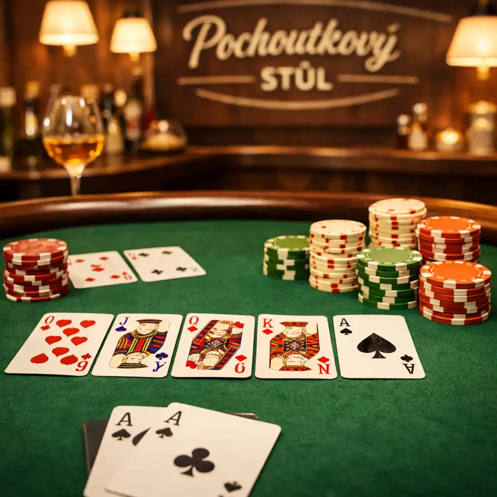 Detail pokerového stolu s kartami a žetony v restauraci Pochoutkový Stůl