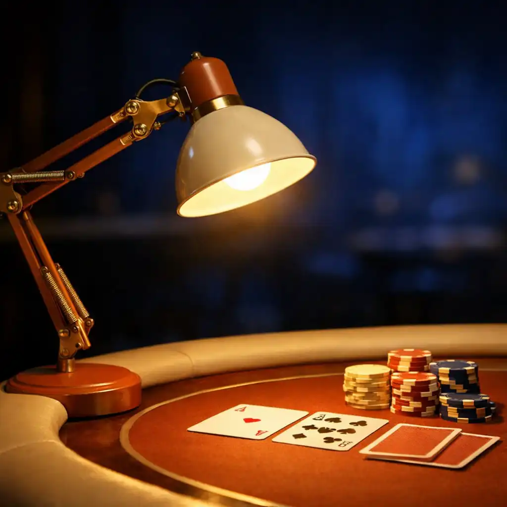 Detail pokerového stolu s nastavitelnou lampou osvětlující karty a žetony