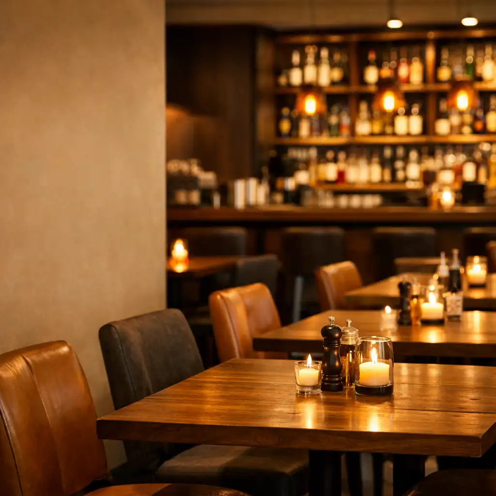 Interiér restaurace Pochoutkový Stůl s teplým osvětlením, dřevěnými stoly a barem v pozadí