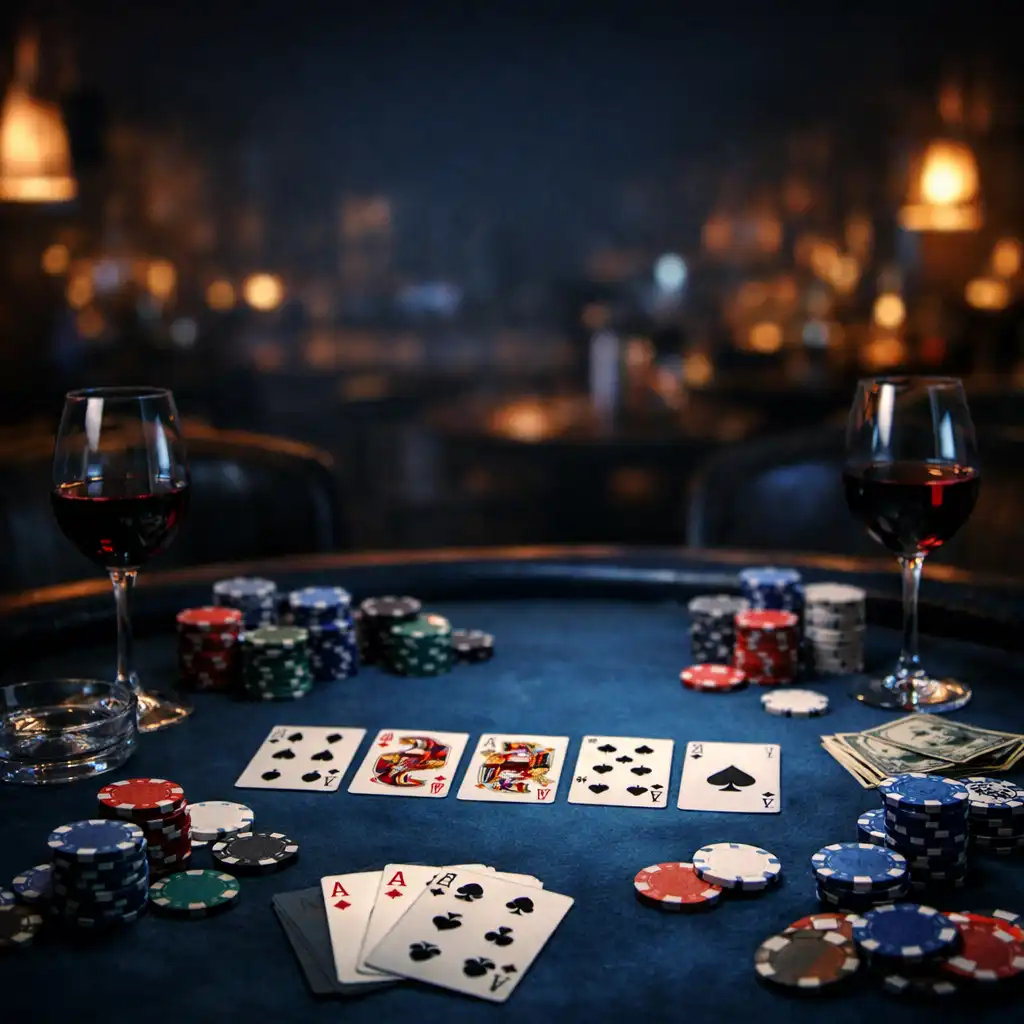 Pokerový stůl v Pochoutkovém Stůlu s kartami, žetony a sklenicemi vína v tlumeném osvětlení
